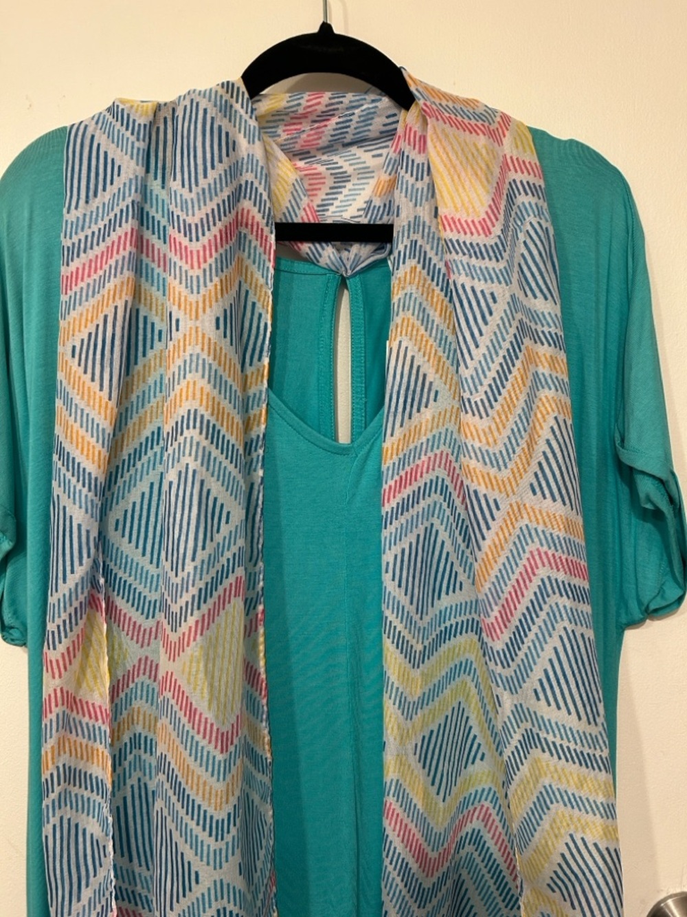 JustFab Teal Dress with Multicolor Chevron Scarf